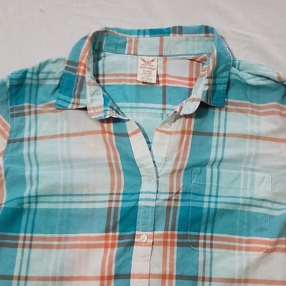 Faded Glory Teal and Orange Plaid Button Down Shirt - Picture 2 of 6